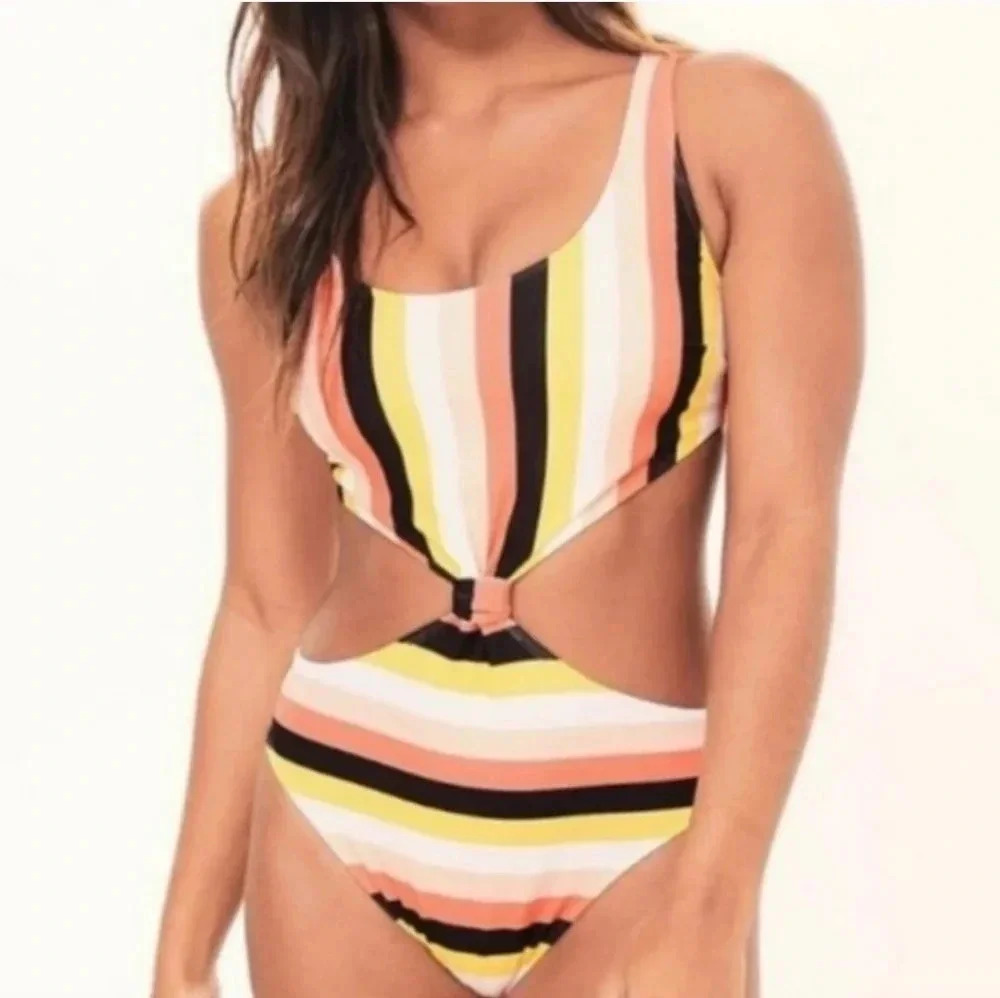 NWOT Abercrombie & Fitch Stripe Front Knot Cheekini One Piece Tapered Swimsuit